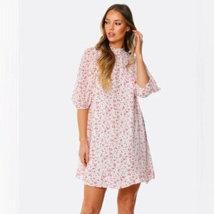 GANNI Georgette Mini Dress floral print half puff sleeves high neck